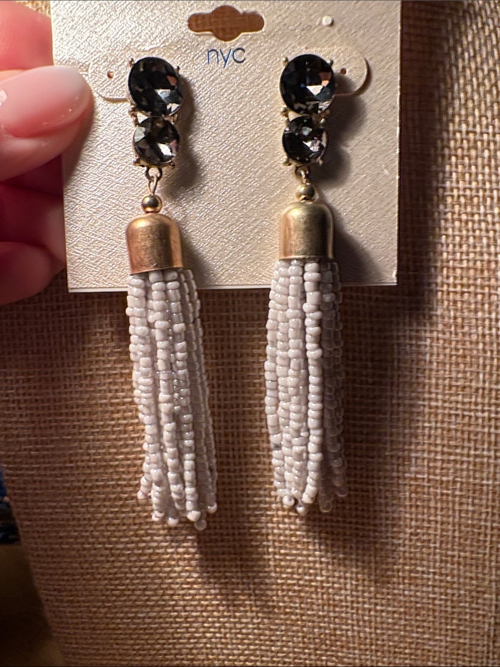0168) Bleu nyc Gold-Cap Opaque grey Beaded Tassel Earrings with Smoky Crystals